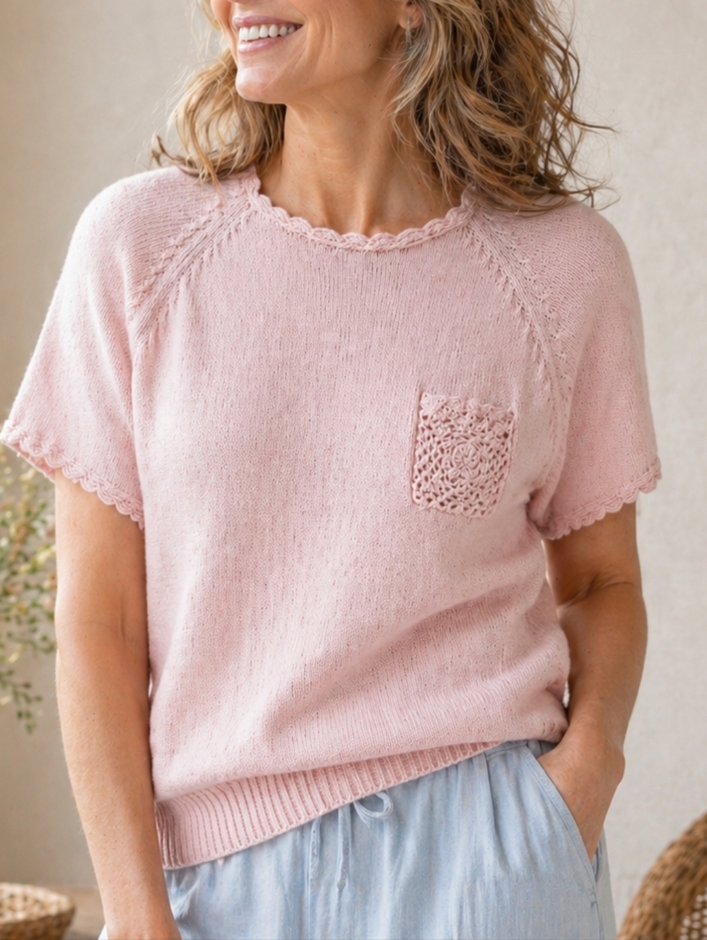 Vintage Pink Crochet Pocket Short Sleeve Sweater‎ Barbiecore